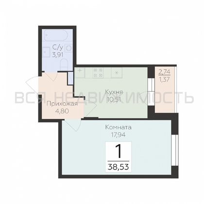 1-комнатная квартира, 38.53кв.м - изображение