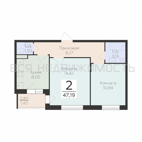 2-комнатная квартира, 47.19кв.м - изображение 0