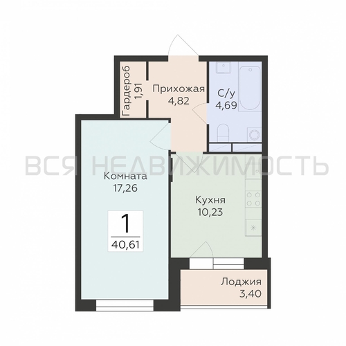 1-комнатная квартира, 40.61кв.м - изображение 0