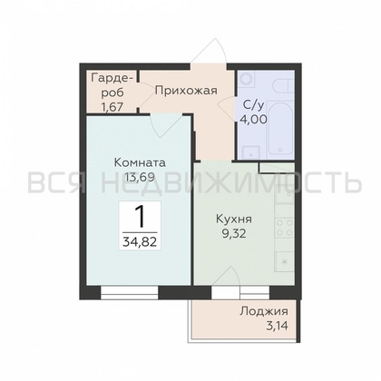 1-комнатная квартира, 34.82кв.м - изображение