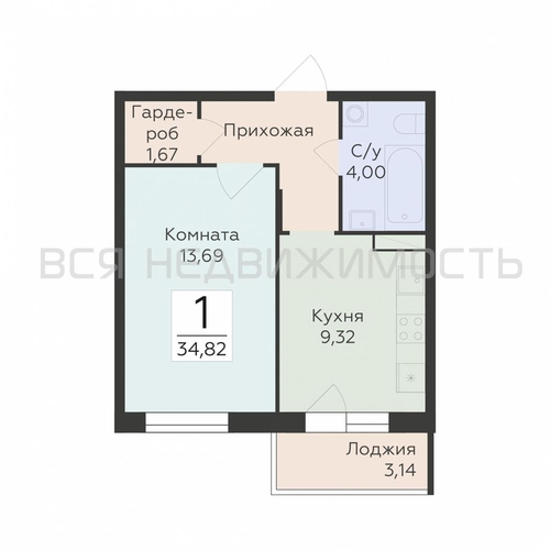 1-комнатная квартира, 34.82кв.м - изображение 0