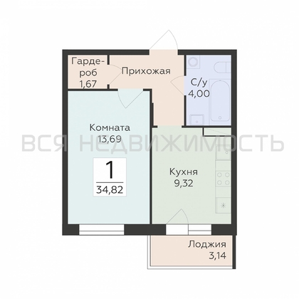 1-комнатная квартира, 34.82кв.м - изображение