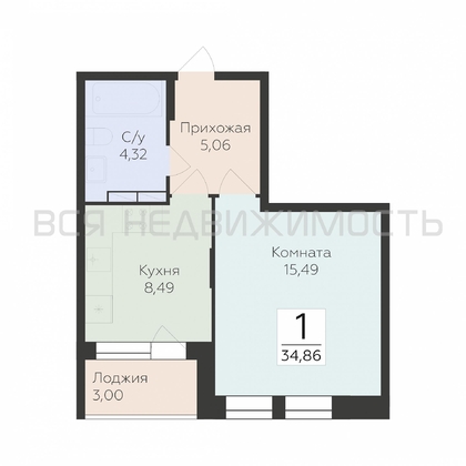1-комнатная квартира, 34.86кв.м - изображение