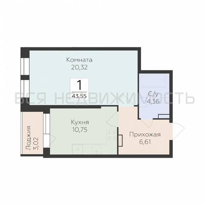 1-комнатная квартира, 43.55кв.м - изображение