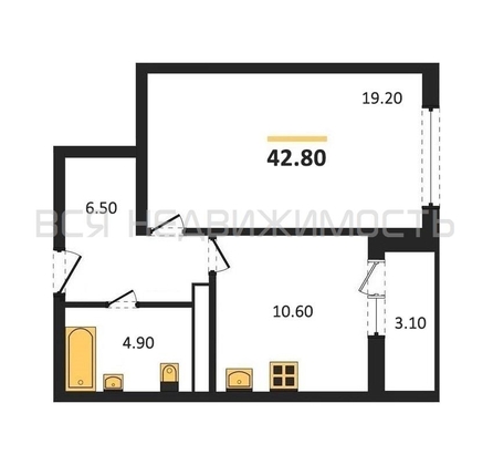 1-комнатная квартира, 42.8кв.м - изображение
