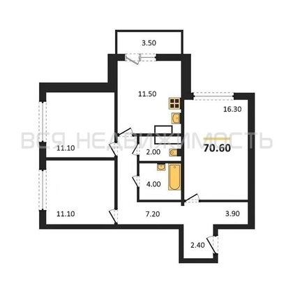 3-комнатная квартира, 70.6кв.м - изображение
