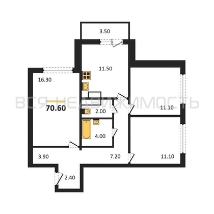 3-комнатная квартира, 70.6кв.м - изображение