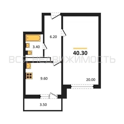 1-комнатная квартира, 40.3кв.м - изображение