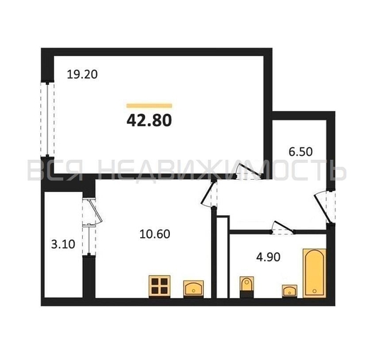 1-комнатная квартира, 42.8кв.м - изображение 0