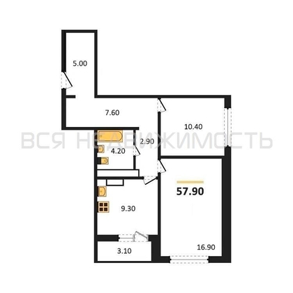 2-комнатная квартира, 57.9кв.м - изображение