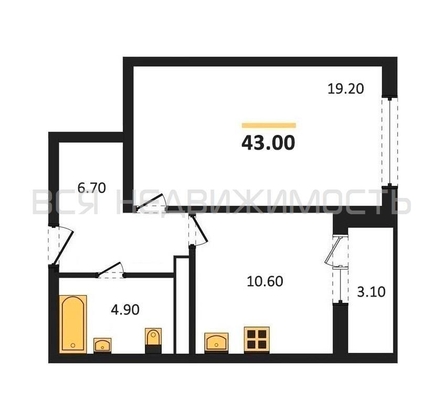 1-комнатная квартира, 43кв.м - изображение