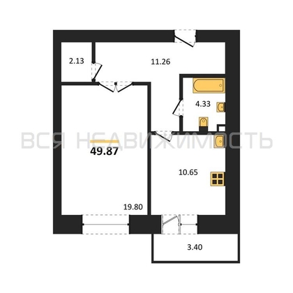 1-комнатная квартира, 49.87кв.м - изображение