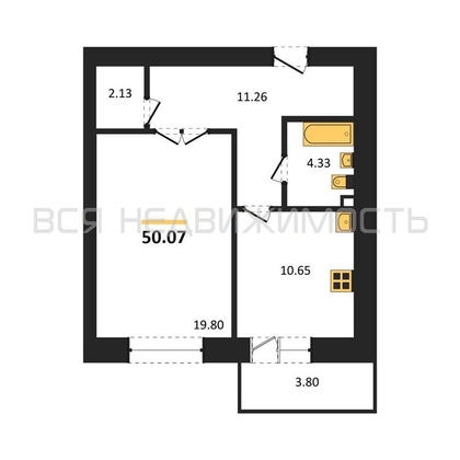 1-комнатная квартира, 50.07кв.м - изображение