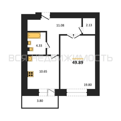 1-комнатная квартира, 49.89кв.м - изображение