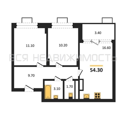 2-комнатная квартира, 54.3кв.м - изображение