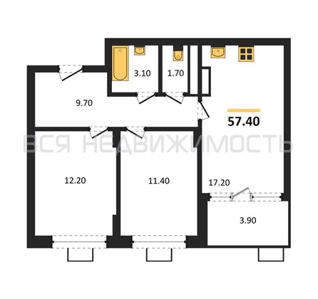 2-комнатная квартира, 57.4кв.м - изображение