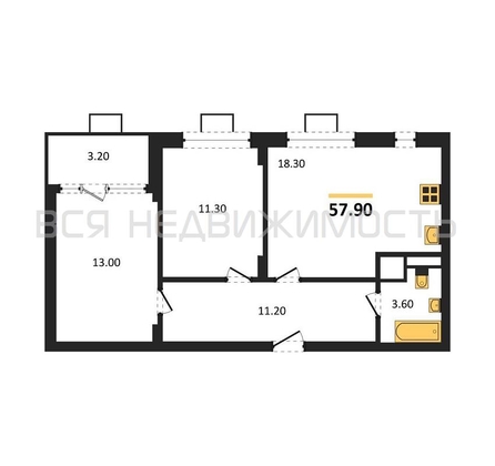 2-комнатная квартира, 57.9кв.м - изображение