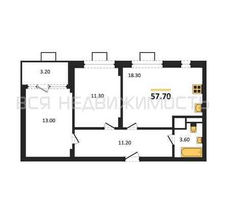 2-комнатная квартира, 57.7кв.м - изображение