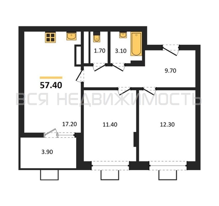 2-комнатная квартира, 57.4кв.м - изображение