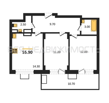 2-комнатная квартира, 55.9кв.м - изображение