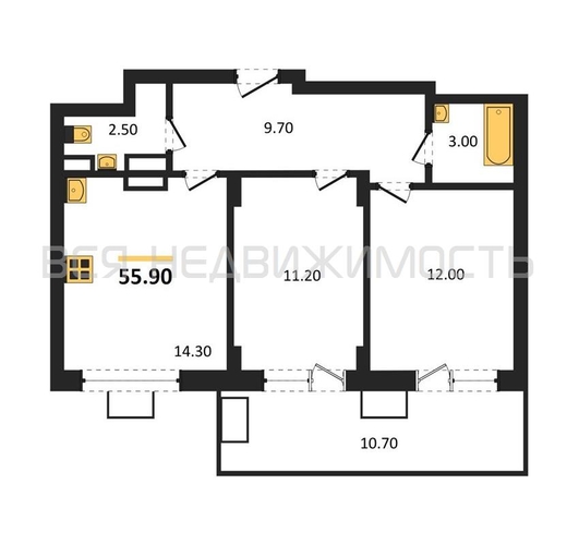 2-комнатная квартира, 55.9кв.м - изображение 0