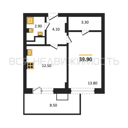 1-комнатная квартира, 39.9кв.м - изображение