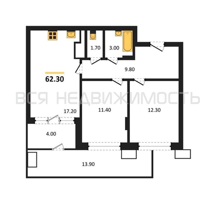 2-комнатная квартира, 62.3кв.м - изображение
