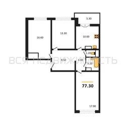 3-комнатная квартира, 77.3кв.м 3-комнатная квартира, 77.3кв.м - изображение 1
