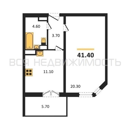 1-комнатная квартира, 41.4кв.м - изображение