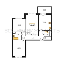3-комнатная квартира, 74.4кв.м 3-комнатная квартира, 74.4кв.м - изображение 1