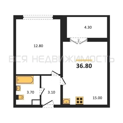 1-комнатная квартира, 36.8кв.м - изображение