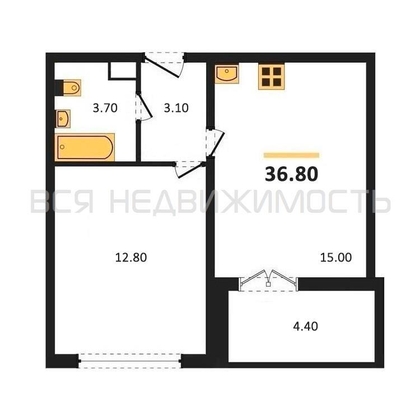 1-комнатная квартира, 36.8кв.м 1-комнатная квартира, 36.8кв.м - изображение