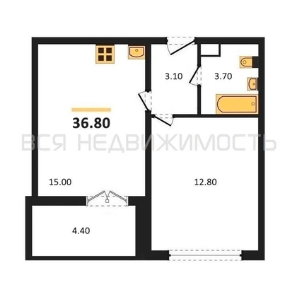 1-комнатная квартира, 36.8кв.м - изображение
