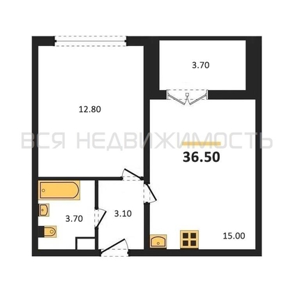 1-комнатная квартира, 36.5кв.м - изображение