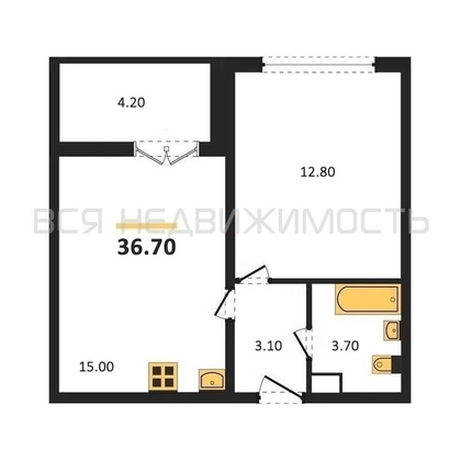 1-комнатная квартира, 36.7кв.м - изображение