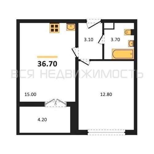 1-комнатная квартира, 36.7кв.м - изображение 0