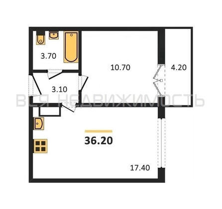 1-комнатная квартира, 36.2кв.м - изображение