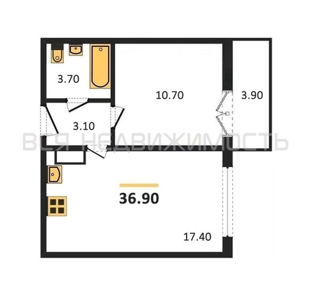 1-комнатная квартира, 36.9кв.м - изображение