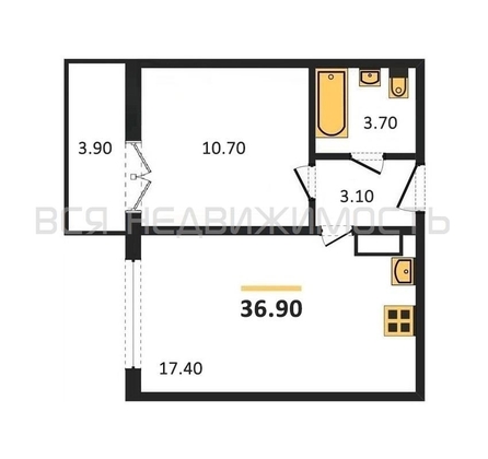 1-комнатная квартира, 36.9кв.м - изображение