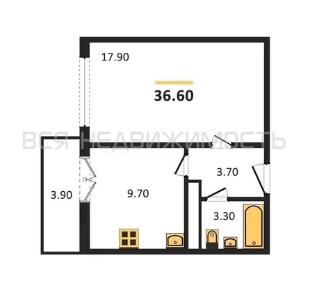 1-комнатная квартира, 36.6кв.м - изображение