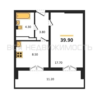 1-комнатная квартира, 39.9кв.м - изображение