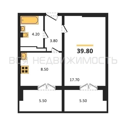 1-комнатная квартира, 39.8кв.м - изображение