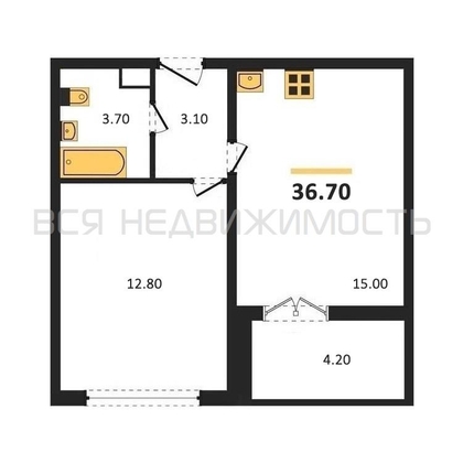 1-комнатная квартира, 36.7кв.м - изображение