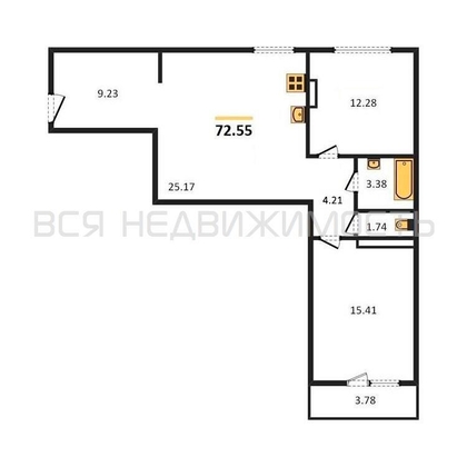 2-комнатная квартира, 72.55кв.м - изображение