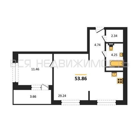 1-комнатная квартира, 53.86кв.м - изображение