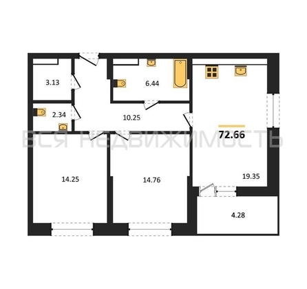 2-комнатная квартира, 72.66кв.м - изображение
