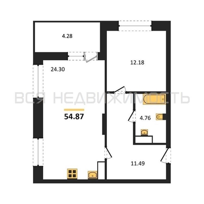 1-комнатная квартира, 54.87кв.м - изображение