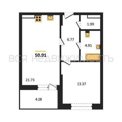 1-комнатная квартира, 50.91кв.м - изображение