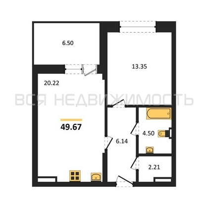 1-комнатная квартира, 49.67кв.м - изображение