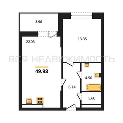 1-комнатная квартира, 49.98кв.м - изображение 1